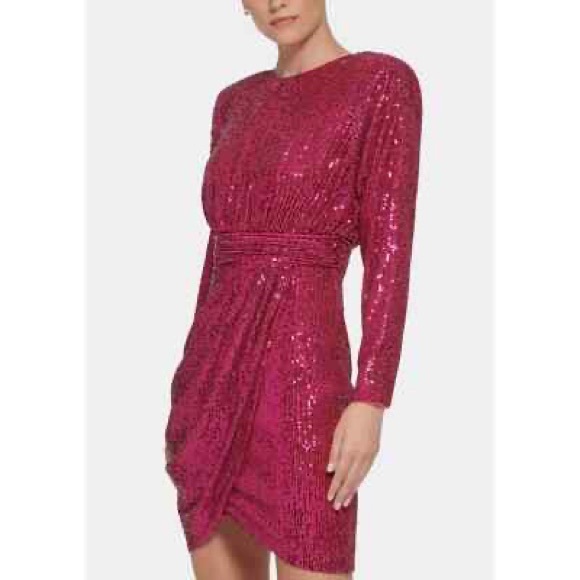 ELIZA J Hot Pink Sequin Long Sleeve Mini Dress Formal Cocktail Party‎ Size 6 New - Picture 5 of 15
